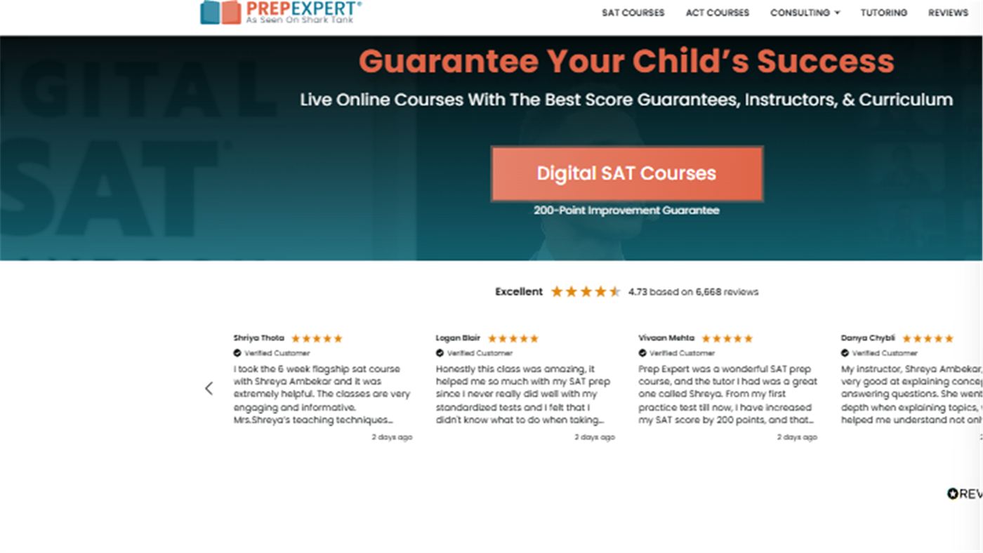 Prep Expert SAT and ACT prep courses website screenshot